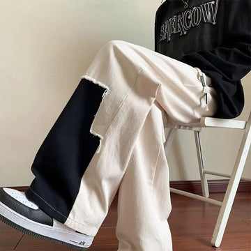 AIDASE  -  Men in Spring and Summer American Fashion Brand High Street Puppets Spliced contrasting Color Loose Straight Casual Trousers aidase-shop